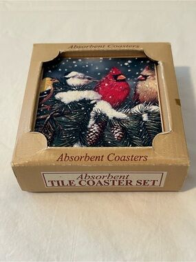 4 Red cardinal absorbent coasters coffee table set tile winter nature bird snow